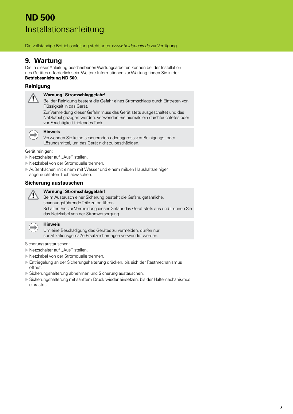 Wartung, Nd 500 installationsanleitung | HEIDENHAIN ND 522 Installation User Manual | Page 7 / 112