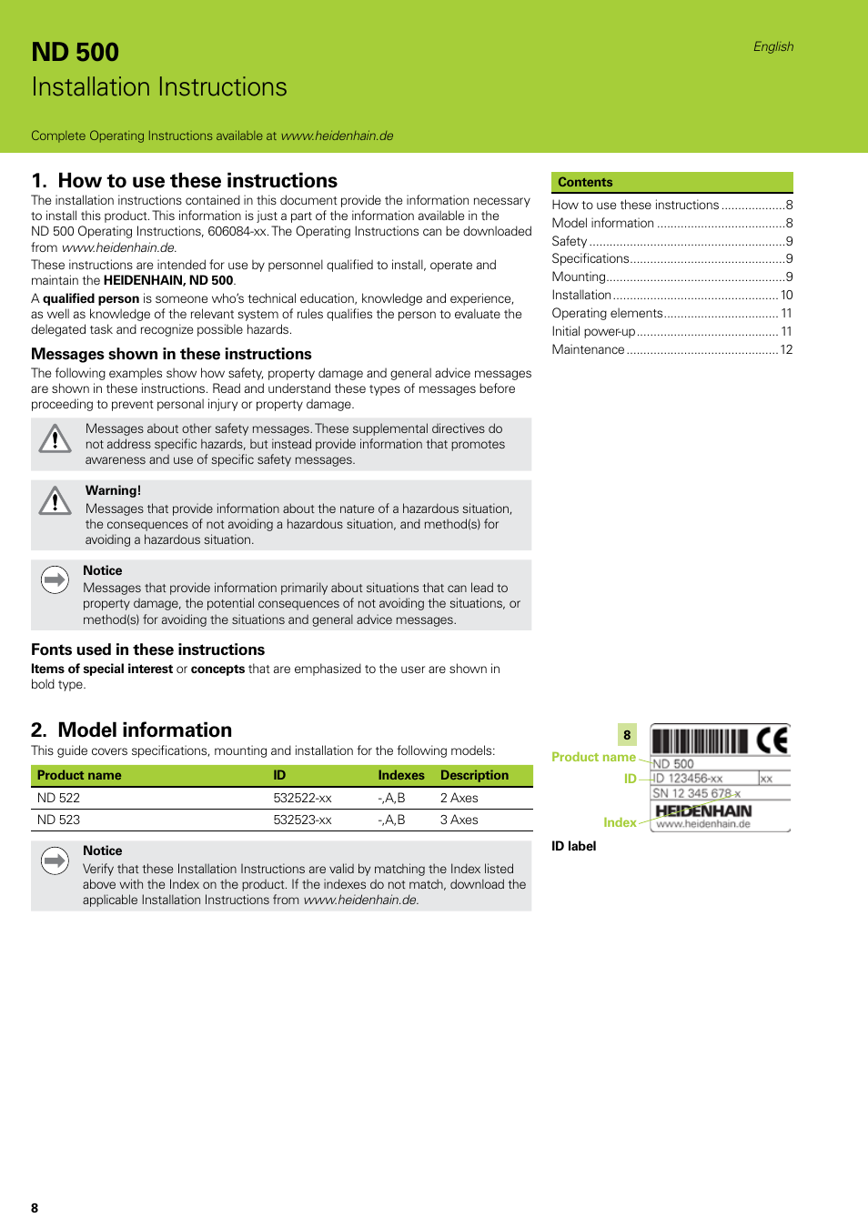 Installation instructions, English, How to use these instructions | Model information, Nd 500 installation instructions | HEIDENHAIN ND 522 Installation User Manual | Page 8 / 112