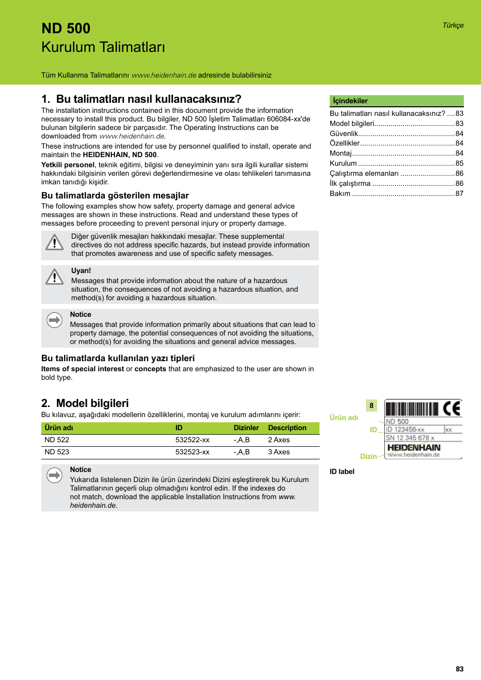 Kurulum talimatları, Türkçe, Bu talimatları nasıl kullanacaksınız | Model bilgileri, Nd 500 kurulum talimatları | HEIDENHAIN ND 522 Installation User Manual | Page 83 / 112