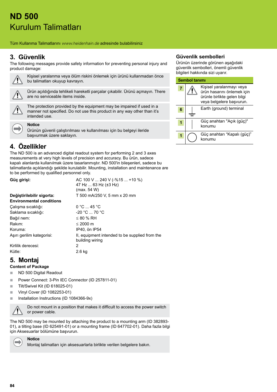 Güvenlik, Özellikler, Montaj | Güvenlik özellikler montaj, Nd 500 kurulum talimatları | HEIDENHAIN ND 522 Installation User Manual | Page 84 / 112
