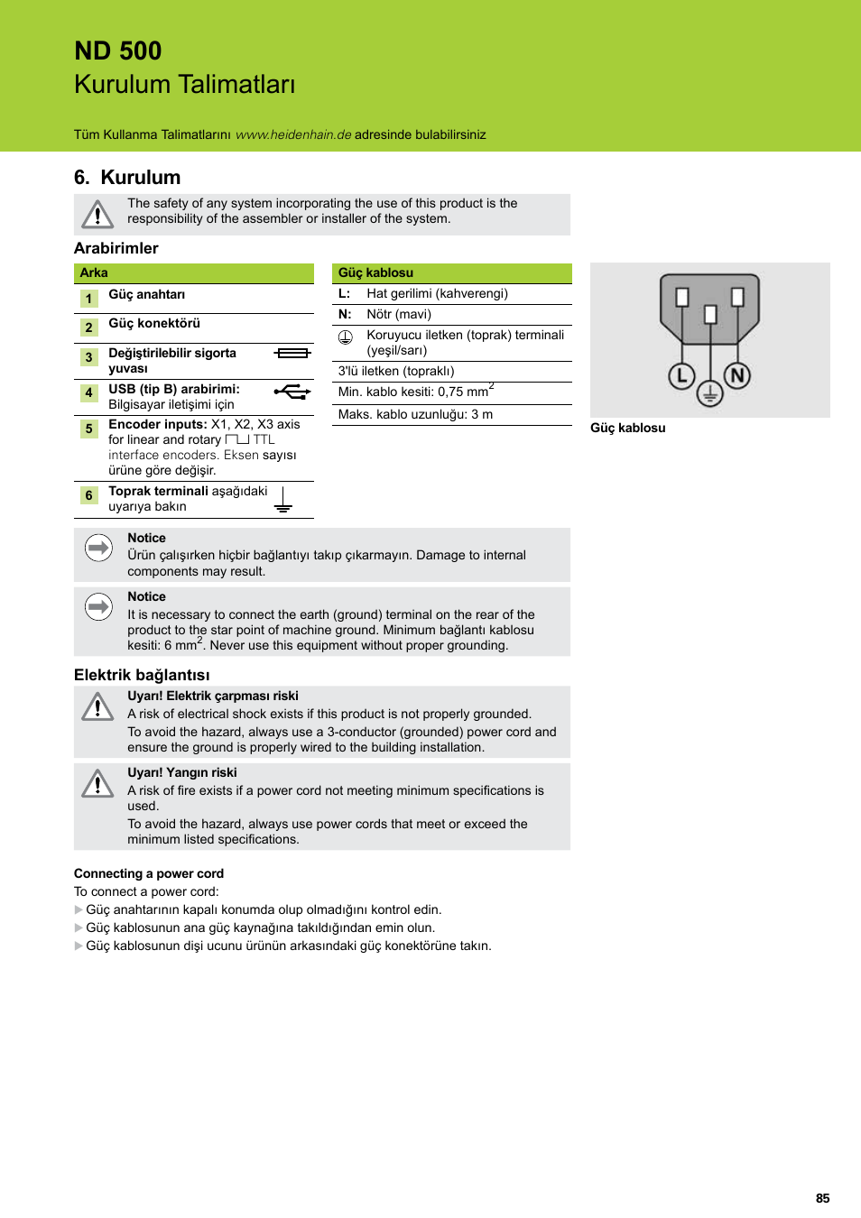 Kurulum, Nd 500 kurulum talimatları | HEIDENHAIN ND 522 Installation User Manual | Page 85 / 112