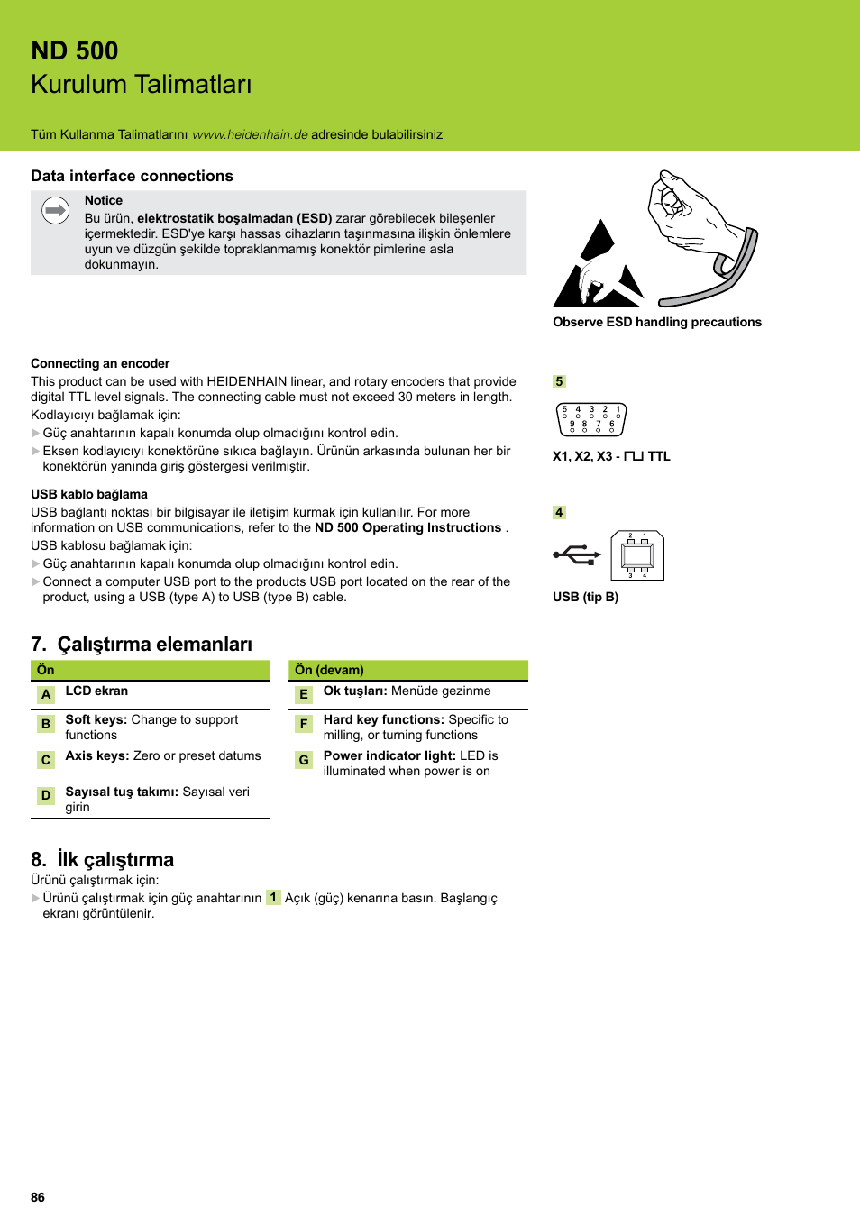 Çalıştırma elemanları, Ilk çalıştırma, Çalıştırma elemanları ilk çalıştırma | Nd 500 kurulum talimatları | HEIDENHAIN ND 522 Installation User Manual | Page 86 / 112
