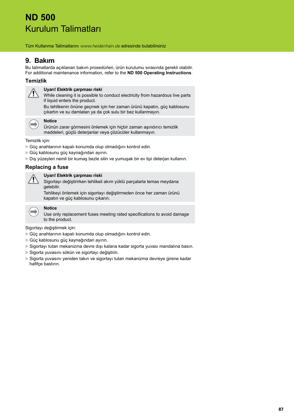 Bakım, Nd 500 kurulum talimatları | HEIDENHAIN ND 522 Installation User Manual | Page 87 / 112