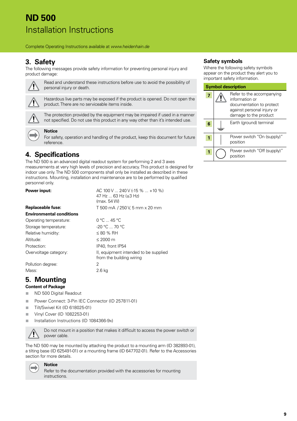 Safety, Specifications, Mounting | Safety specifications mounting, Nd 500 installation instructions | HEIDENHAIN ND 522 Installation User Manual | Page 9 / 112