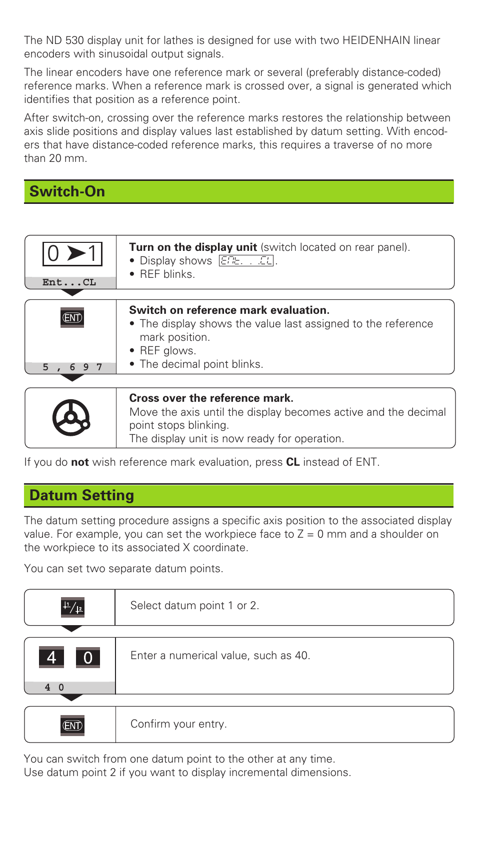 Switch-on, Datum setting | HEIDENHAIN ND 530 v.2 User Manual | Page 2 / 8