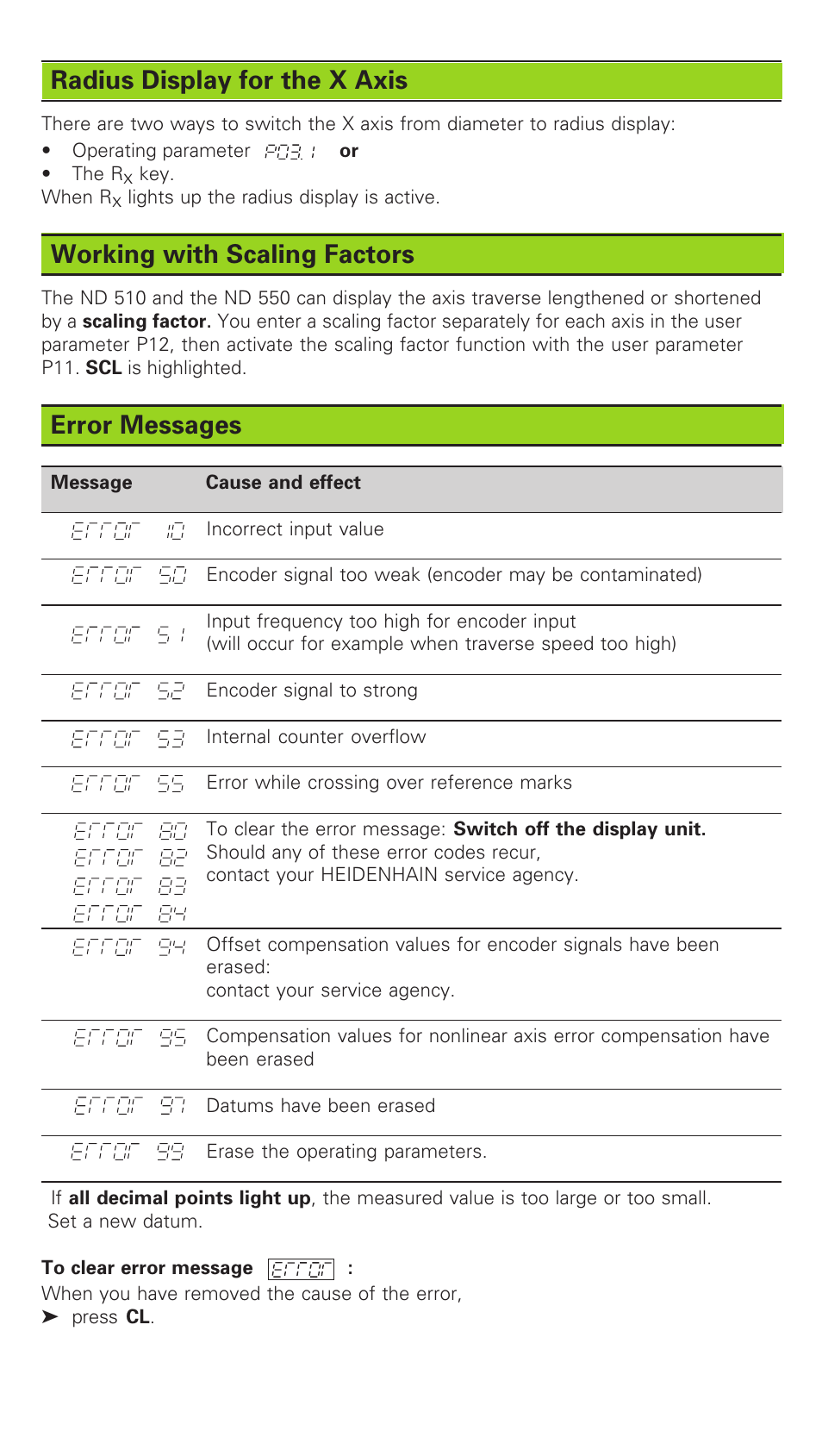 Radius display for the x axis, Working with scaling factors, Error messages | HEIDENHAIN ND 530 v.2 User Manual | Page 3 / 8