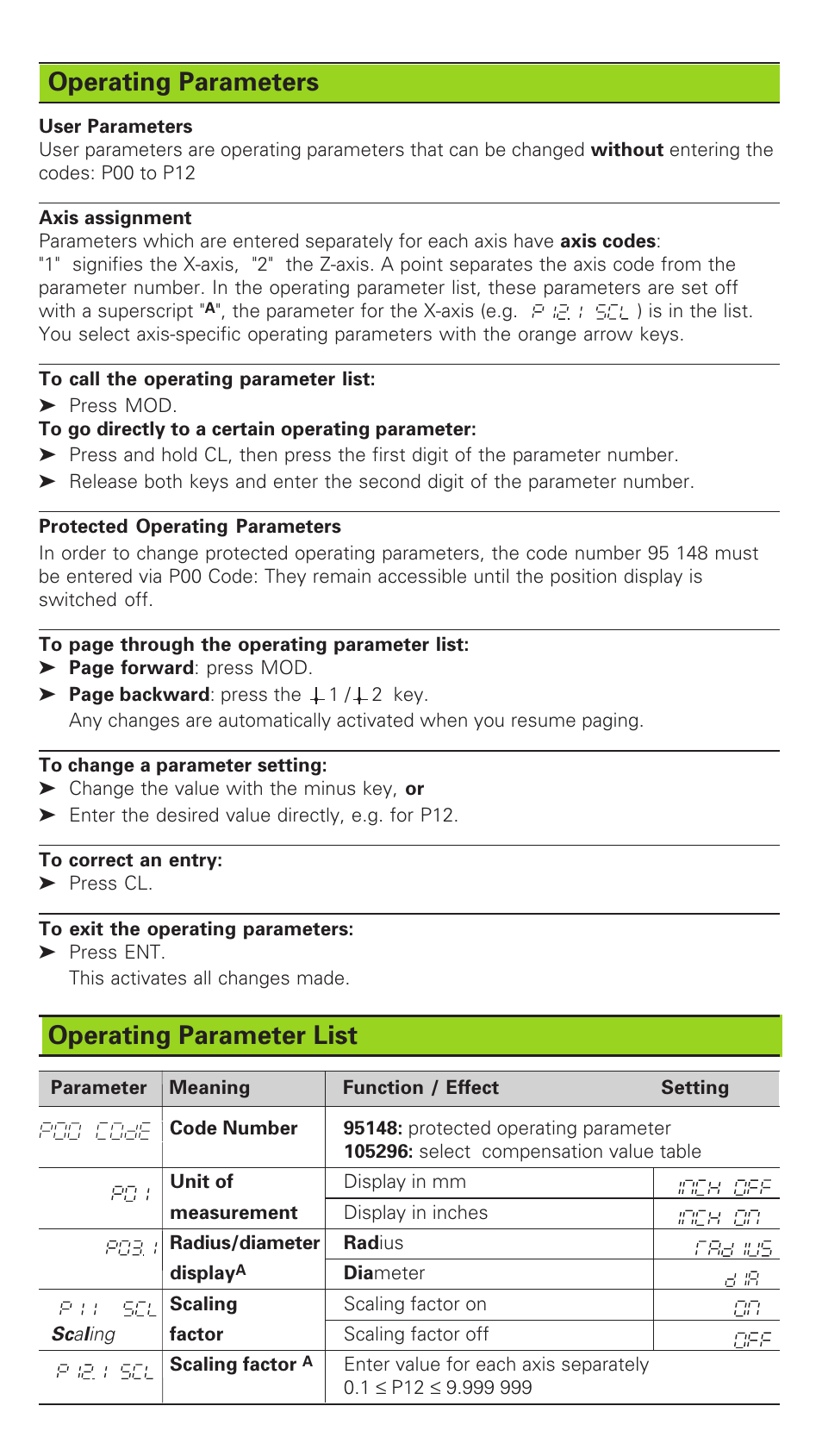 Operating parameters, Operating parameter list | HEIDENHAIN ND 530 v.2 User Manual | Page 5 / 8