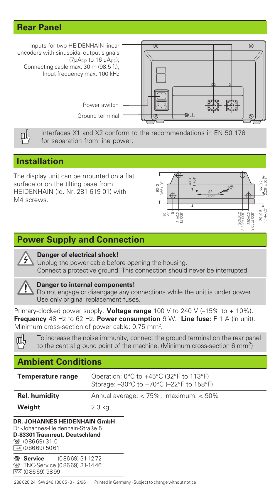 Rear panel, Installation, Power supply and connection | Ambient conditions | HEIDENHAIN ND 530 v.2 User Manual | Page 8 / 8