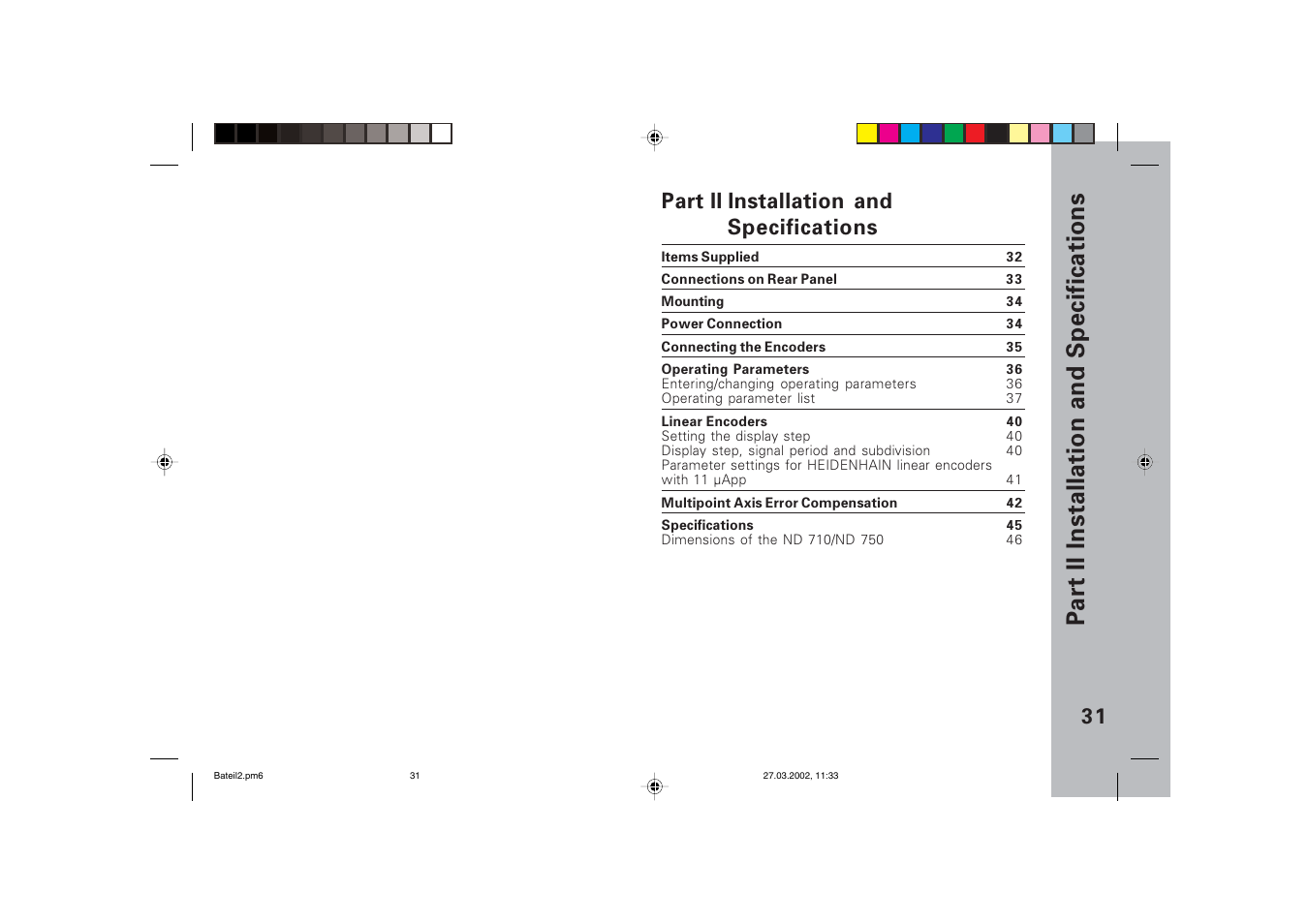 Part ii, Installation and, Specifications | And following, Part ii installation and specifications, 31 part ii installation and specifications | HEIDENHAIN ND 710 v.3 User Manual | Page 30 / 46