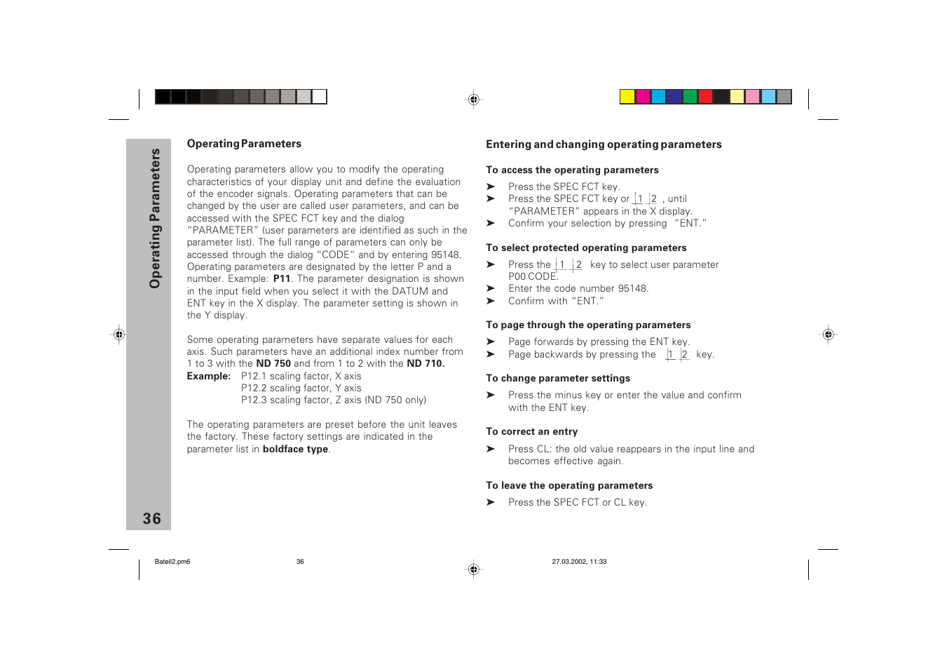 Operating parameters, Entering/changing operating parameters | HEIDENHAIN ND 710 v.3 User Manual | Page 35 / 46