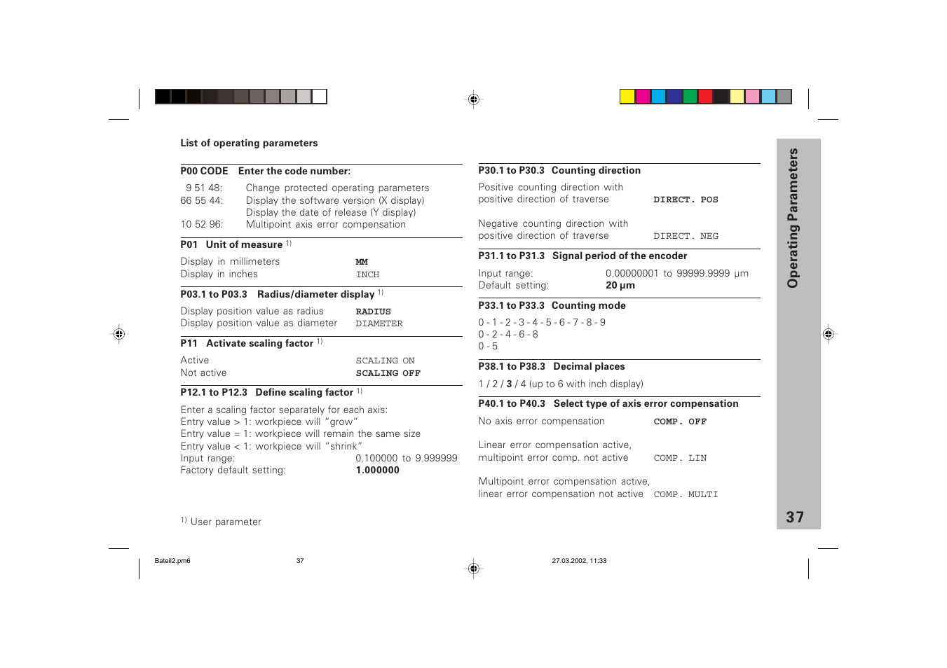 Operating parameter list | HEIDENHAIN ND 710 v.3 User Manual | Page 36 / 46