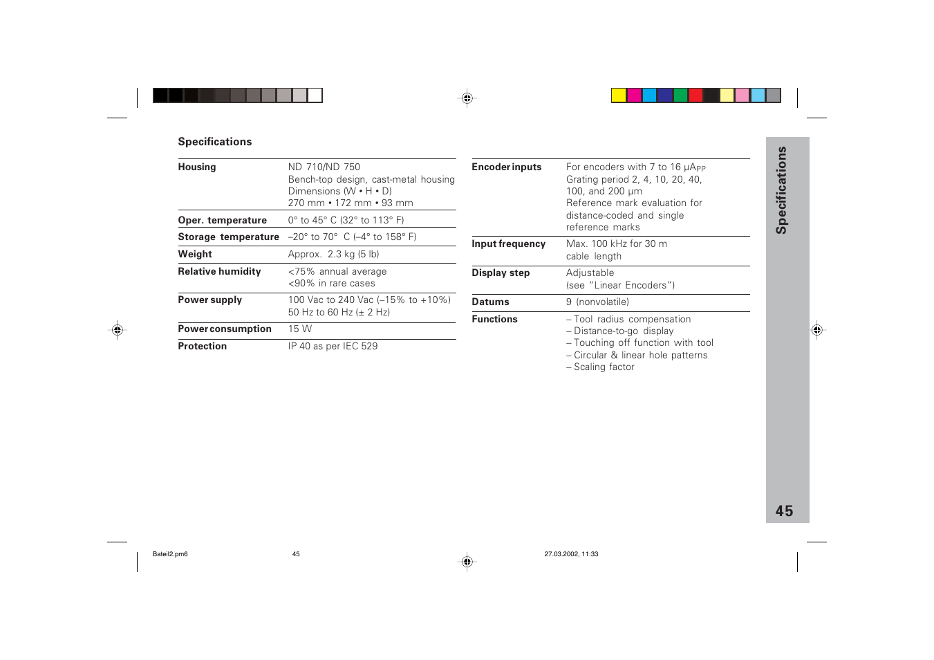 Specifications | HEIDENHAIN ND 710 v.3 User Manual | Page 44 / 46