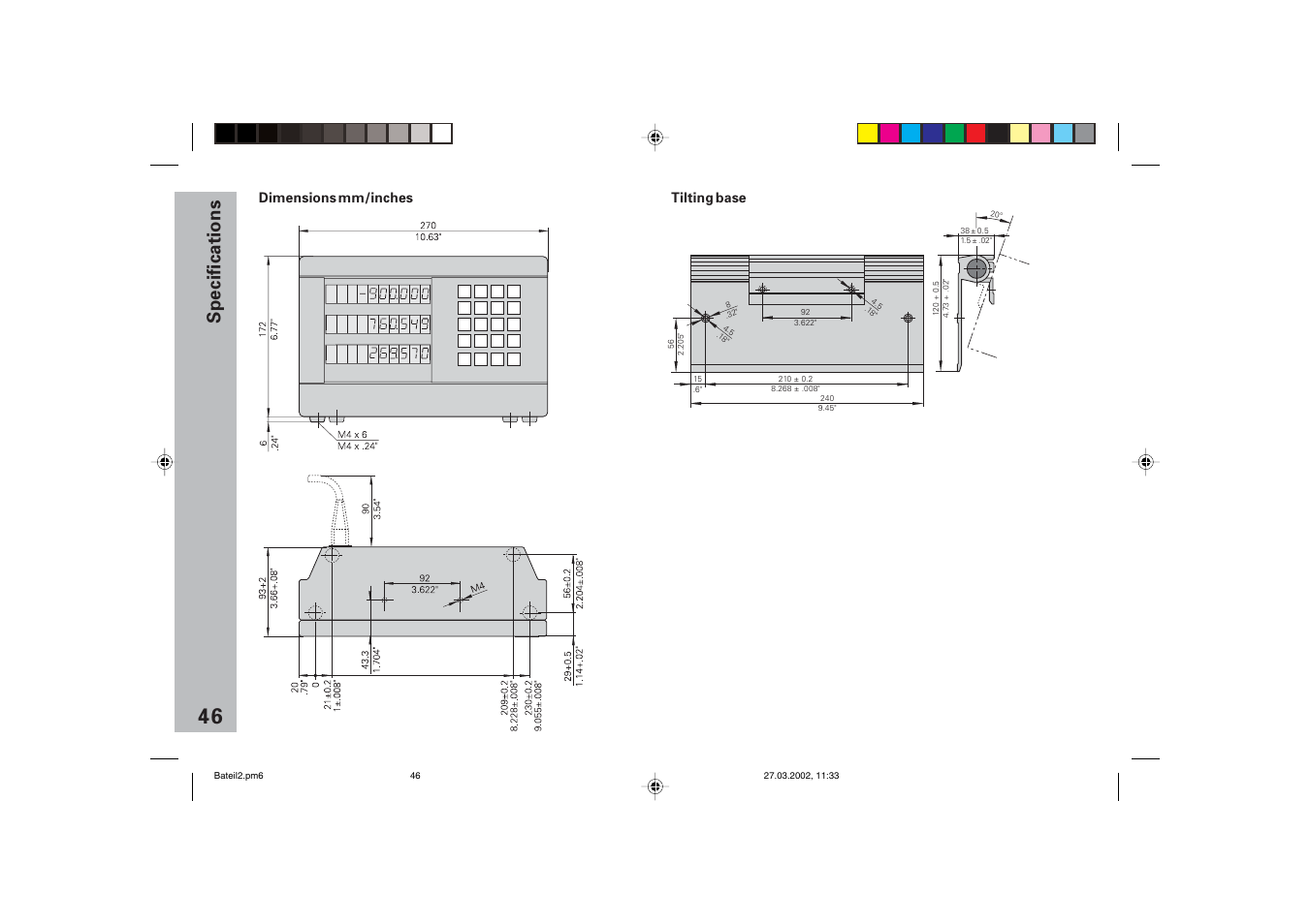 Dimensions of the nd 710/nd 750, Specifications, Dimensions mm/inches tilting base | HEIDENHAIN ND 710 v.3 User Manual | Page 45 / 46