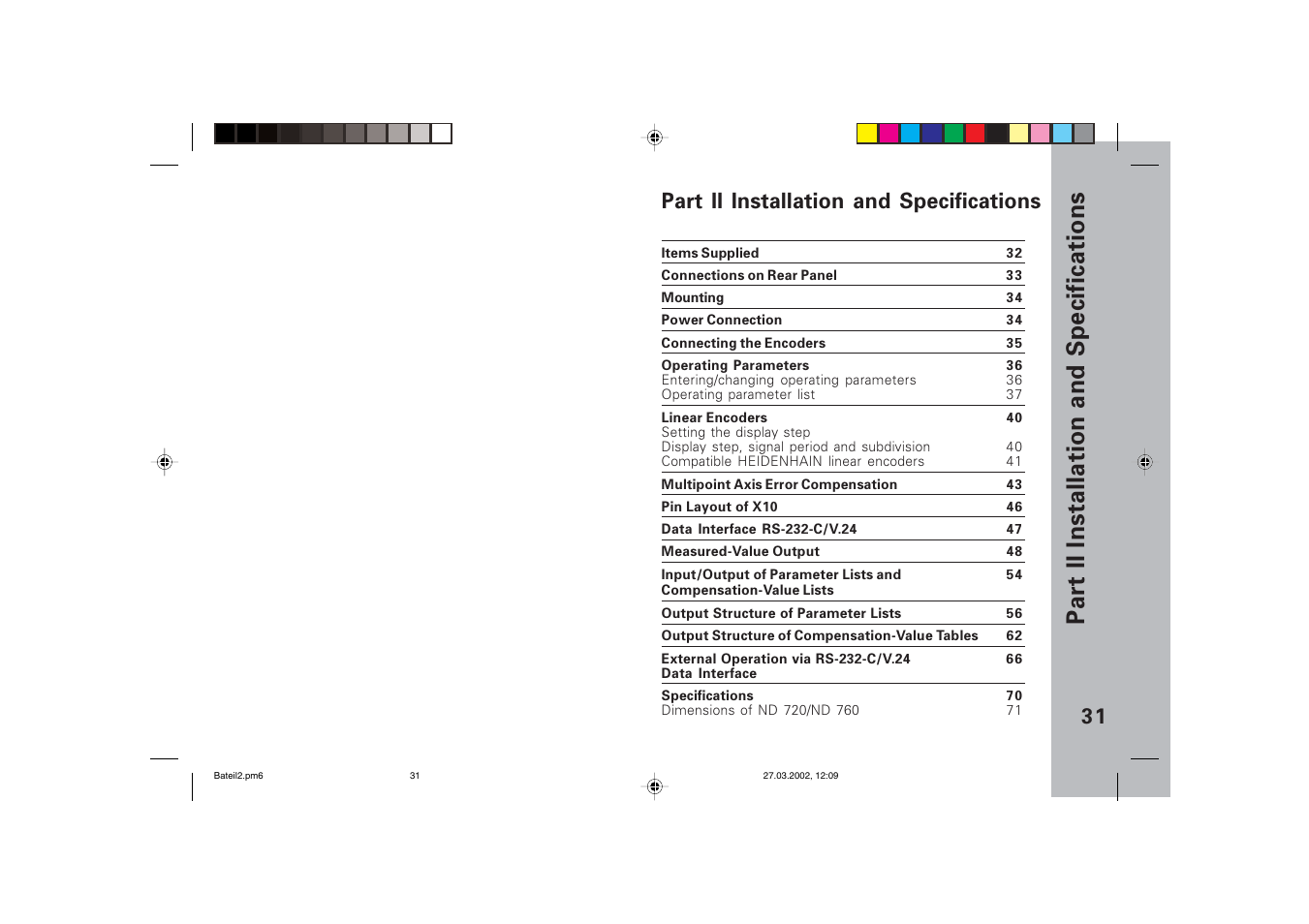 Part ii, Installation and, Specifications | And following, Part ii installation and specifications, 31 part ii installation and specifications | HEIDENHAIN ND 720 v.3 User Manual | Page 31 / 72