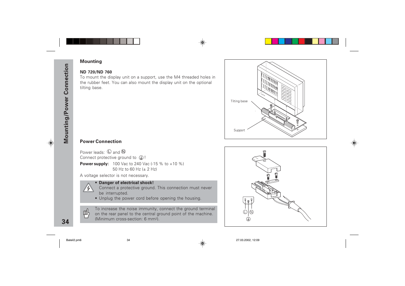 Mounting, Power connection, Mounting/power c onnection | HEIDENHAIN ND 720 v.3 User Manual | Page 34 / 72