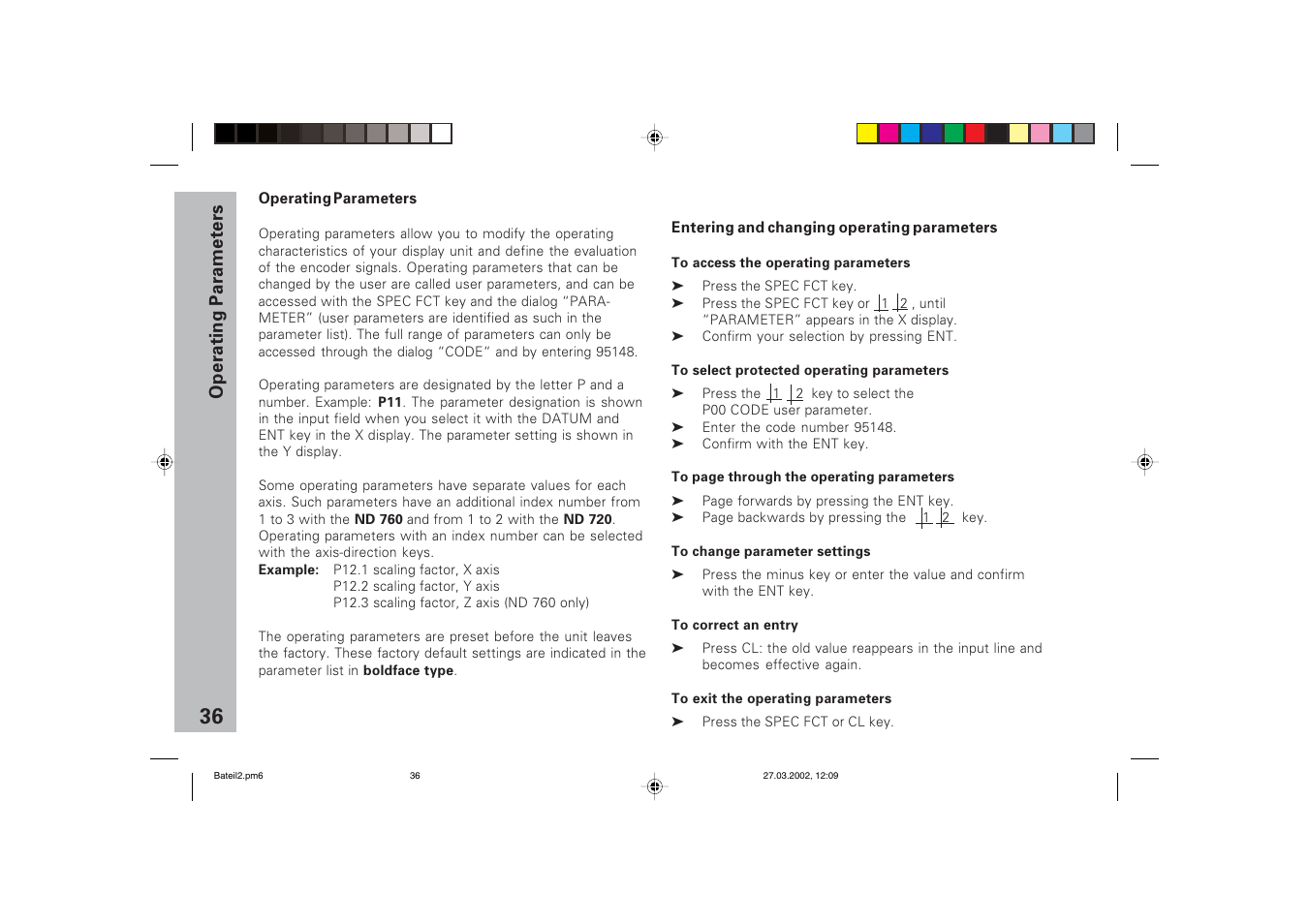 Operating parameters, Entering/changing operating parameters | HEIDENHAIN ND 720 v.3 User Manual | Page 36 / 72