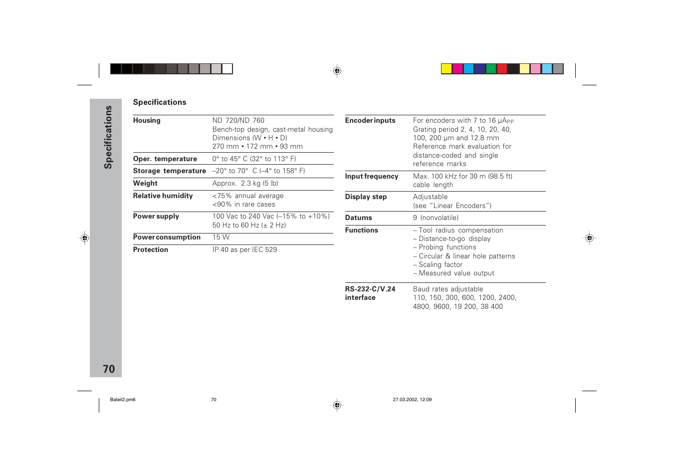 Specifications | HEIDENHAIN ND 720 v.3 User Manual | Page 70 / 72