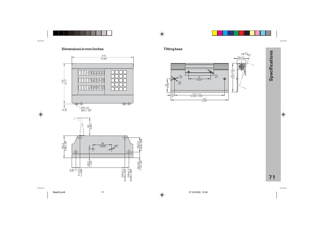 Dimensions of nd 720/nd 760, Specifications, Tilting base | Dimensions in mm/inches | HEIDENHAIN ND 720 v.3 User Manual | Page 71 / 72