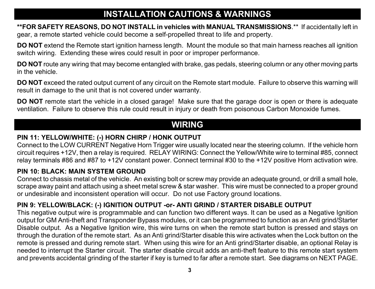 Installation cautions & warnings, Wiring | Crimestopper Security Products EZ-91 User Manual | Page 3 / 28