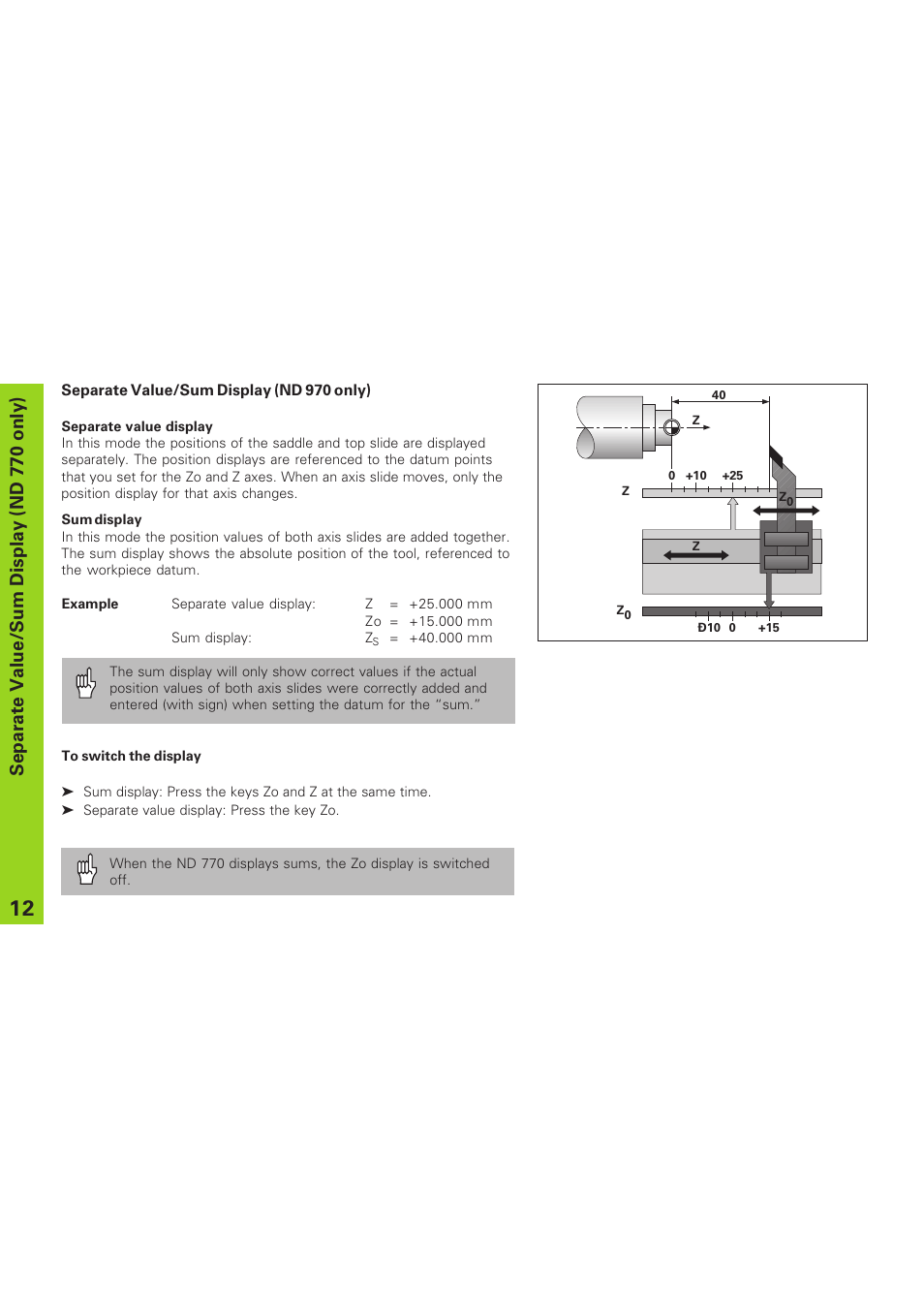 Separate value/sum display (only nd 770), Separate value/sum display (nd 770 only) | HEIDENHAIN ND 730 v.1 User Manual | Page 12 / 40