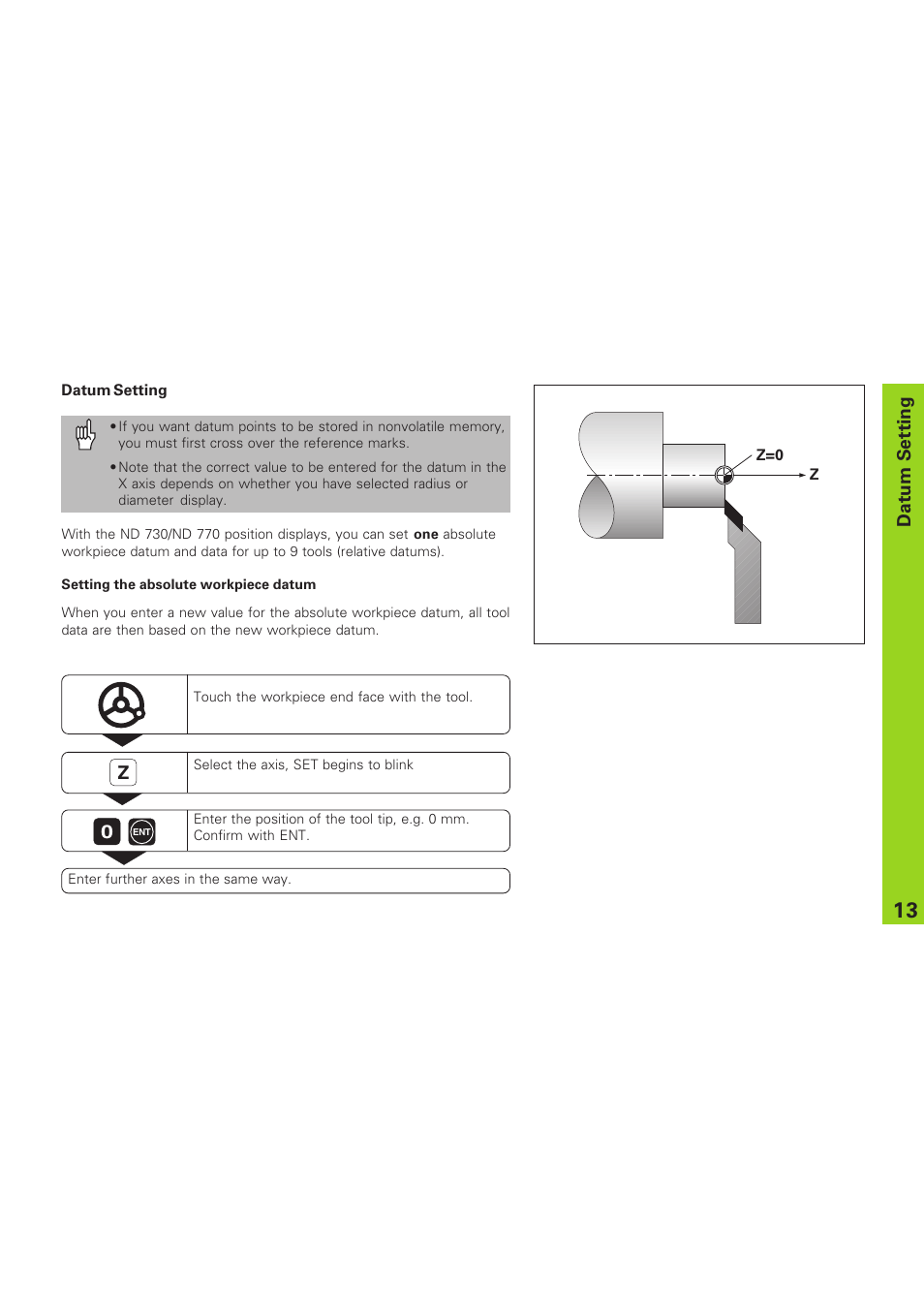 Datum setting, Setting the absolute workpiece datum, 0datum setting | HEIDENHAIN ND 730 v.1 User Manual | Page 13 / 40