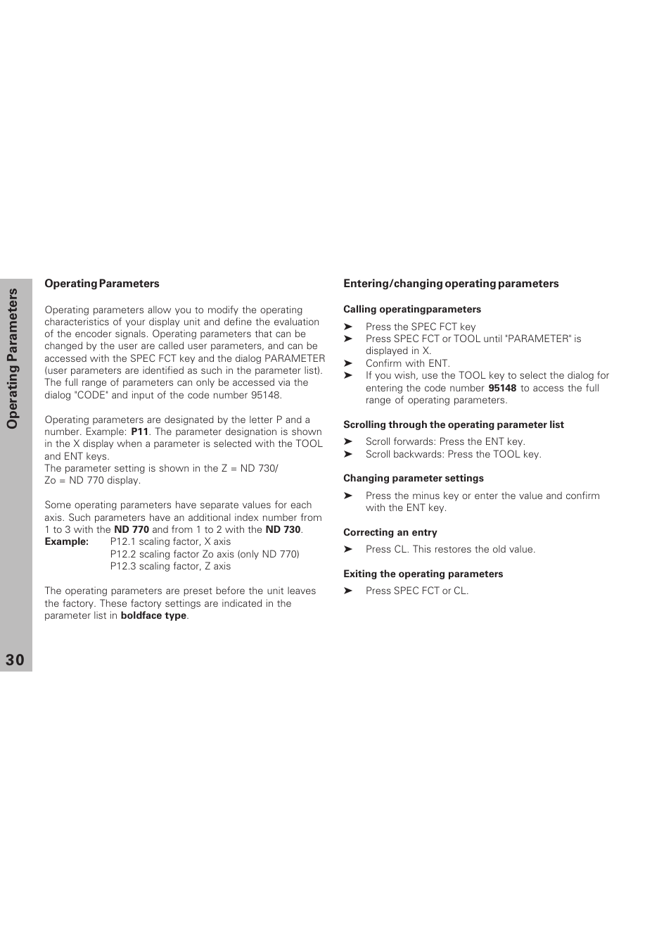 Operating parameters, Entering/changing operating parameters | HEIDENHAIN ND 730 v.1 User Manual | Page 29 / 40