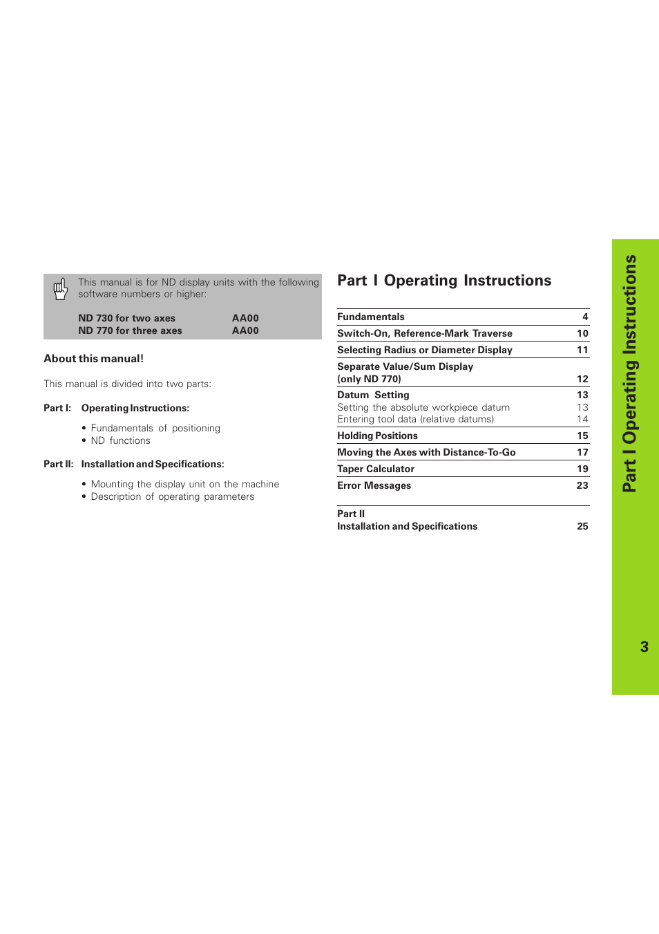 Part i operating instructions | HEIDENHAIN ND 730 v.1 User Manual | Page 3 / 40