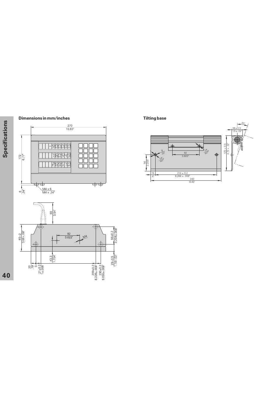 Dimensions nd 730/770, Specifications, Tilting base dimensions in mm/inches | HEIDENHAIN ND 730 v.1 User Manual | Page 39 / 40