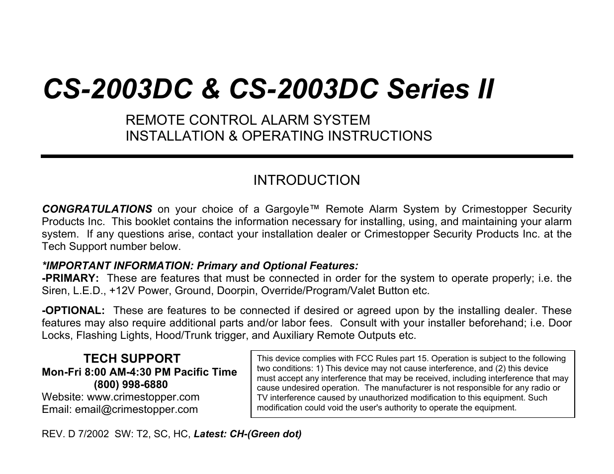 Crimestopper Security Products CS-2003DC SERIES II User Manual | 18 pages