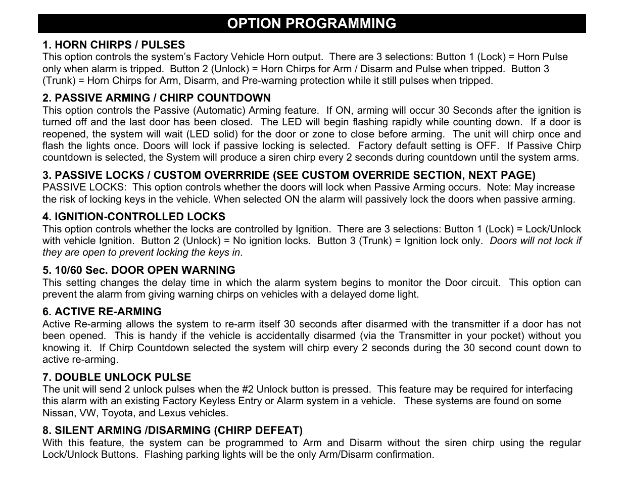 Ignition-controlled locks, Double unlock pulse, Option programming | Crimestopper Security Products CS-2003DC SERIES II User Manual | Page 10 / 18