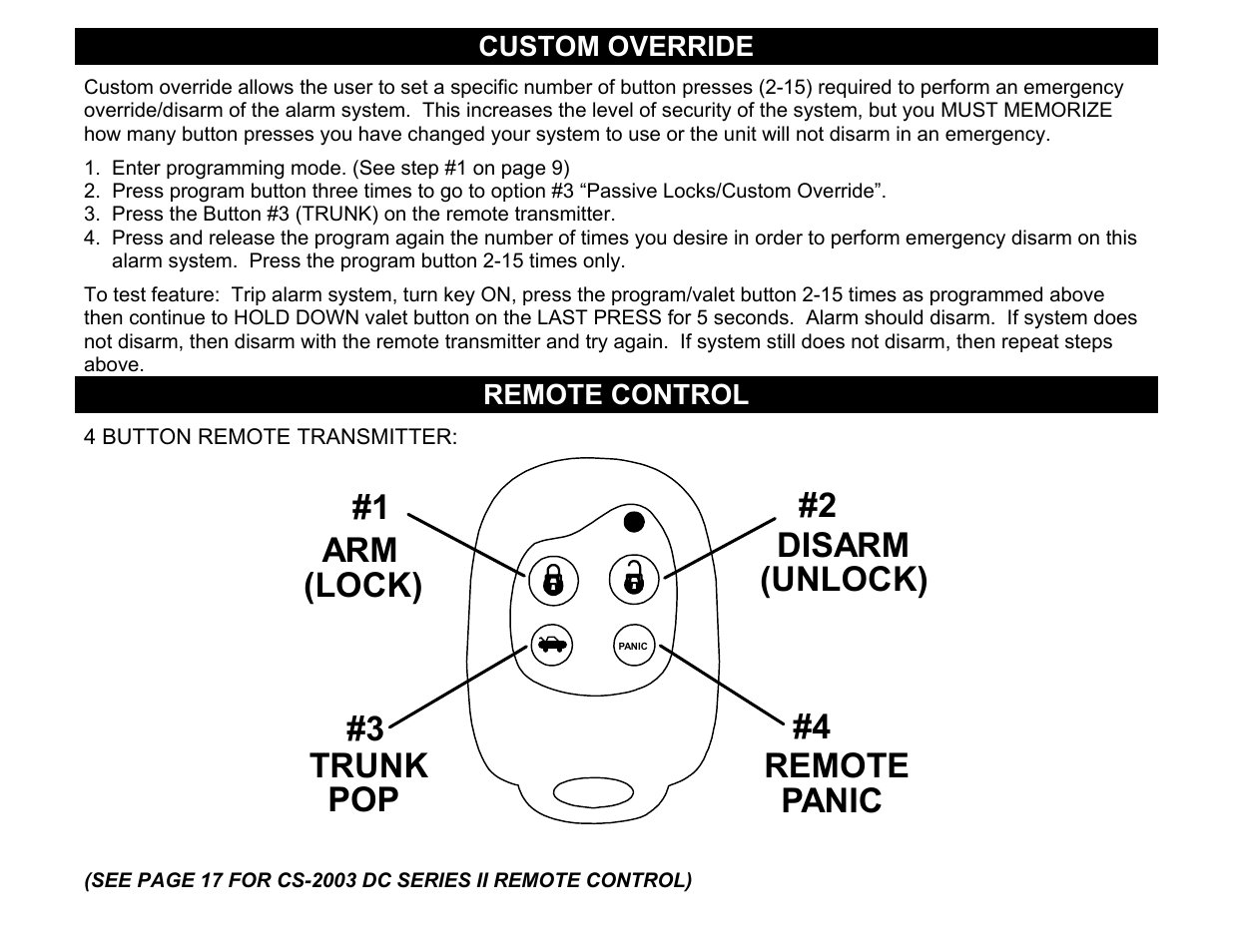 Arm trunk panic disarm (lock) (unlock) remote pop | Crimestopper Security Products CS-2003DC SERIES II User Manual | Page 12 / 18