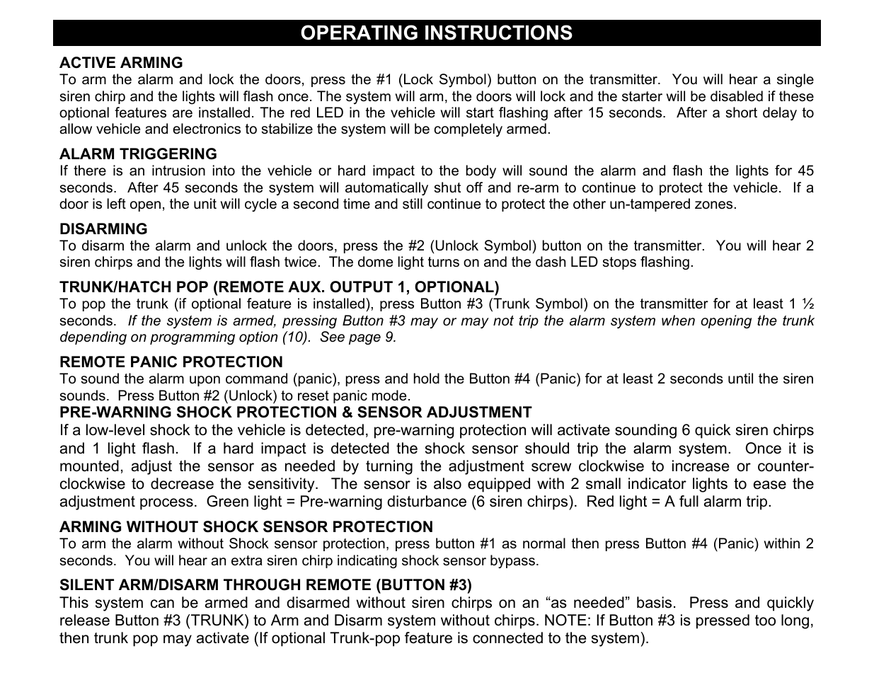 Active arming, Disarming, Remote panic protection | Arming without shock sensor protection, Silent arm/disarm through remote (button #3), Operating instructions | Crimestopper Security Products CS-2003DC SERIES II User Manual | Page 13 / 18
