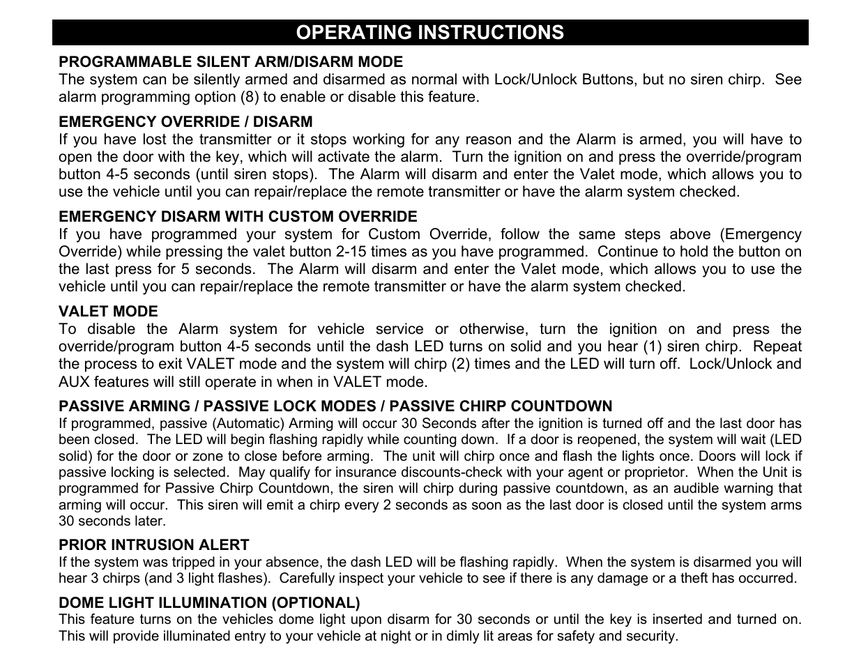 Programmable silent arm/disarm mode, Prior intrusion alert, Dome light illumination (optional) | Operating instructions | Crimestopper Security Products CS-2003DC SERIES II User Manual | Page 14 / 18