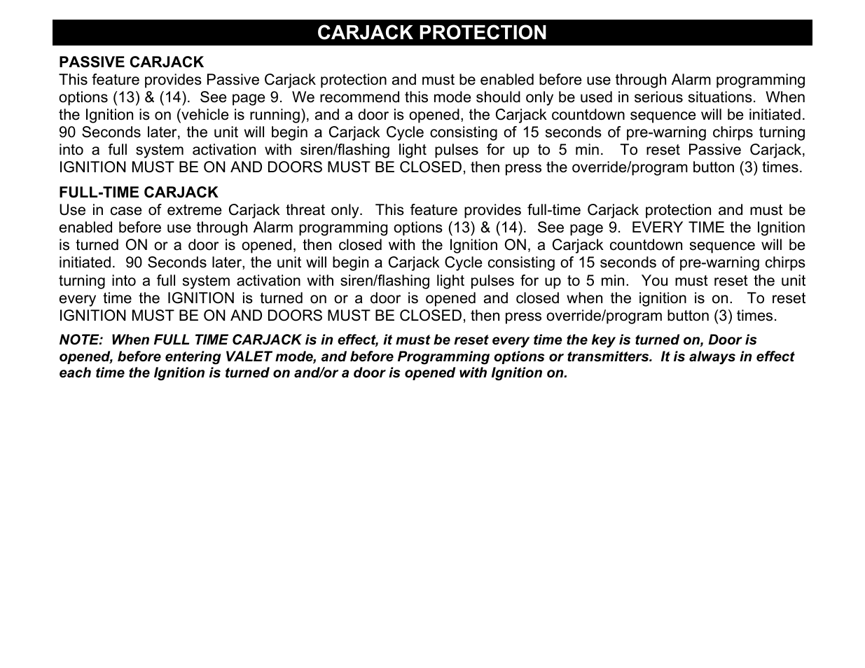 Passive carjack, Full-time carjack, Carjack protection | Crimestopper Security Products CS-2003DC SERIES II User Manual | Page 16 / 18