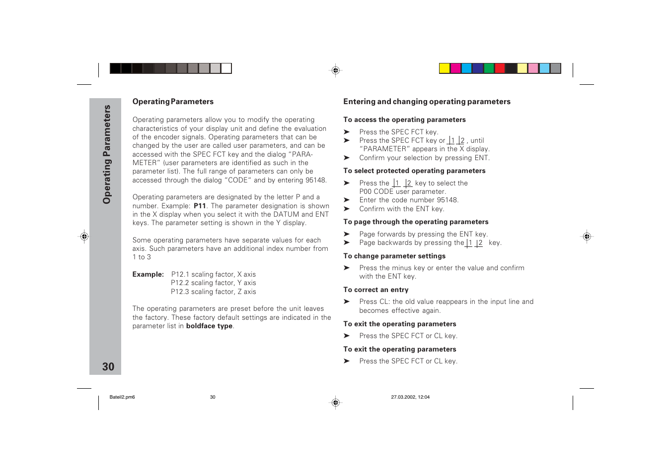 Operating parameters, Entering/changing operating parameters | HEIDENHAIN ND 760 E User Manual | Page 29 / 44