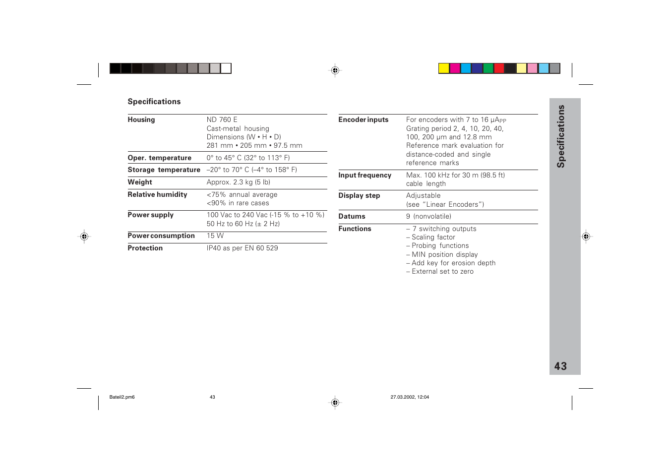 Specifications | HEIDENHAIN ND 760 E User Manual | Page 42 / 44