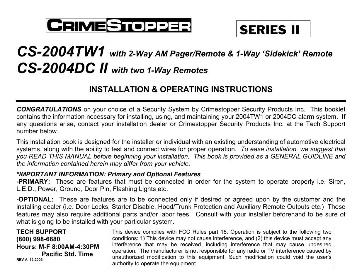 Crimestopper Security Products CS-2004TW1 User Manual | 24 pages