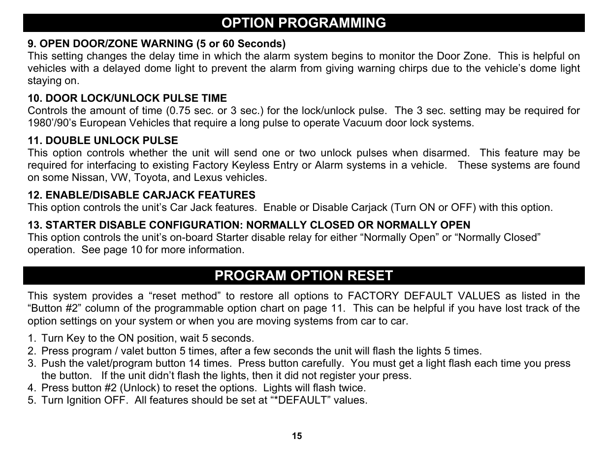 Door lock/unlock pulse time, Double unlock pulse, Enable/disable carjack features | Option programming, Program option reset | Crimestopper Security Products CS-2004TW1 User Manual | Page 15 / 24