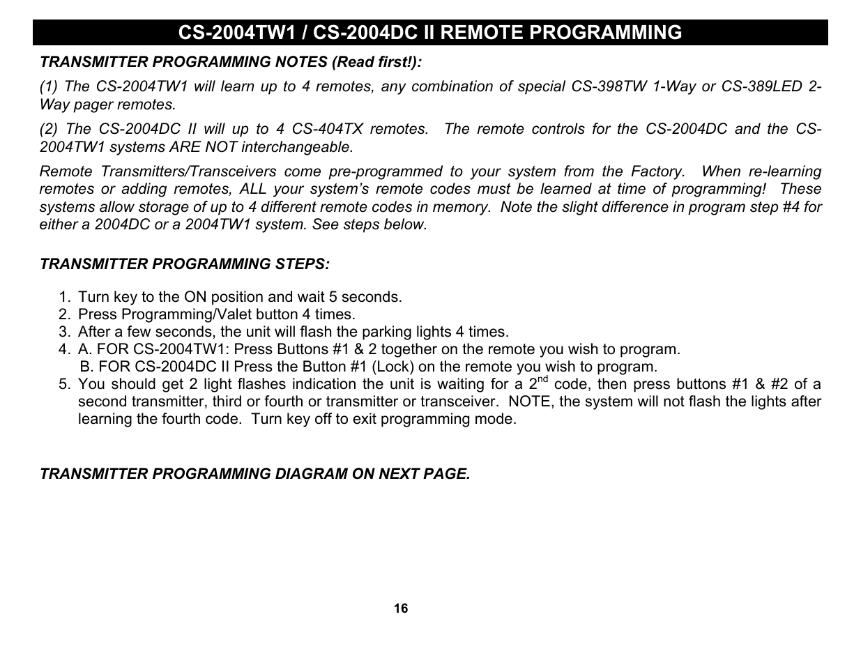 Transmitter programming steps, Transmitter programming diagram on next page | Crimestopper Security Products CS-2004TW1 User Manual | Page 16 / 24