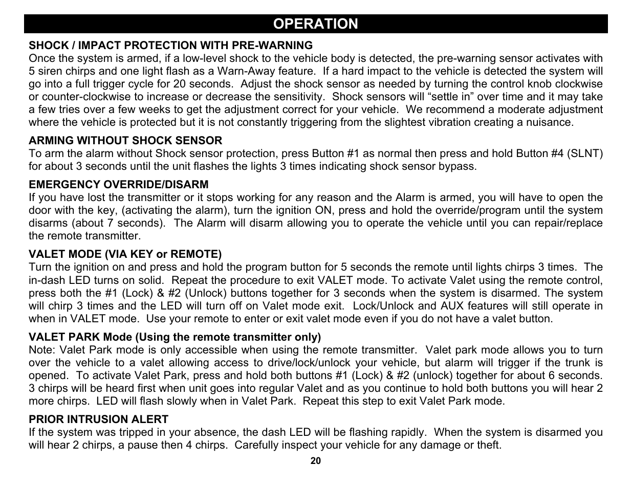 Arming without shock sensor, Prior intrusion alert, Operation | Crimestopper Security Products CS-2004TW1 User Manual | Page 20 / 24