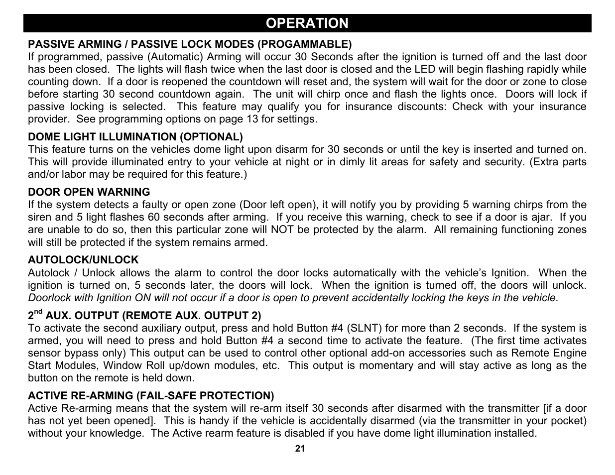 Dome light illumination (optional), Autolock/unlock, 2nd aux. output (remote aux. output 2) | Active re-arming (fail-safe protection), Operation | Crimestopper Security Products CS-2004TW1 User Manual | Page 21 / 24