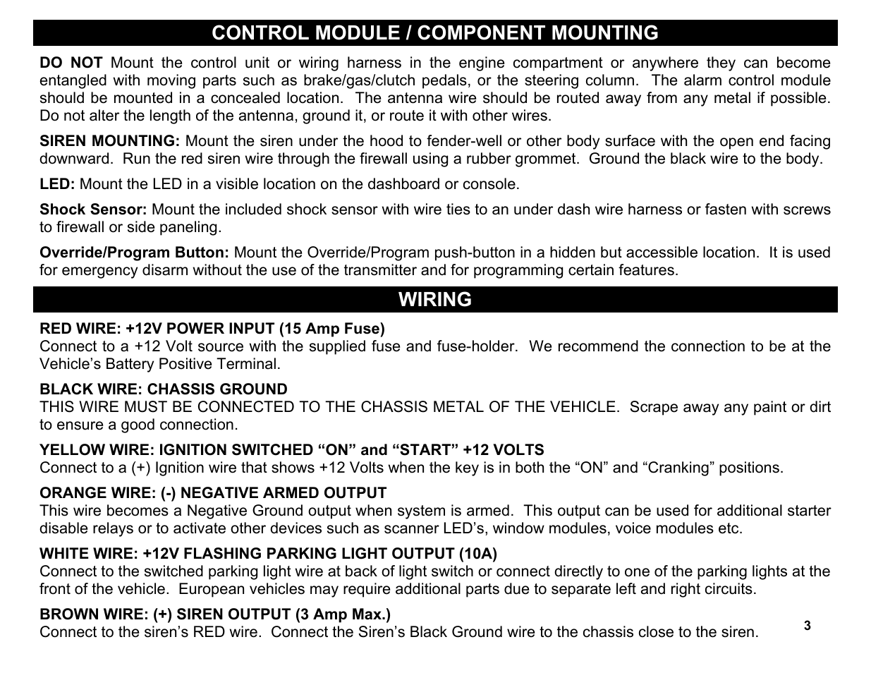 Orange wire: (-) negative armed output, Control module / component mounting, Wiring | Brown wire: (+) siren output (3 amp max.) | Crimestopper Security Products CS-2004TW1 User Manual | Page 3 / 24