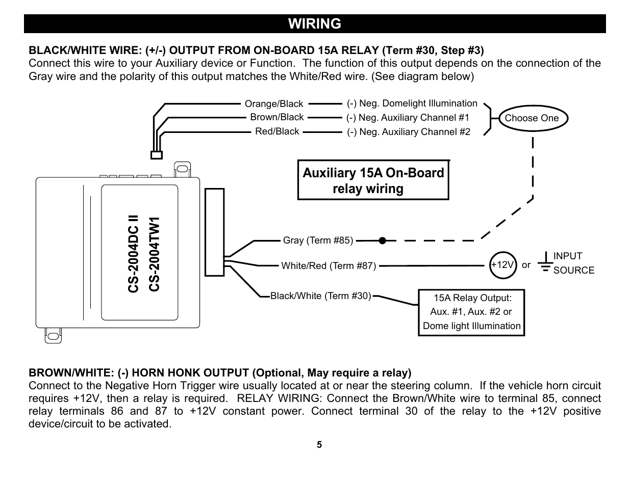Wiring, Auxiliary 15a on-board relay wiring | Crimestopper Security Products CS-2004TW1 User Manual | Page 5 / 24