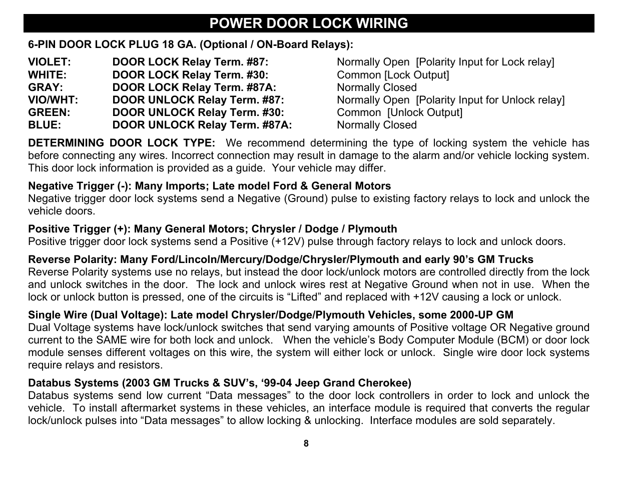 Reverse polarity: many ford/lincoln/mercury/dodge, Power door lock wiring | Crimestopper Security Products CS-2004TW1 User Manual | Page 8 / 24