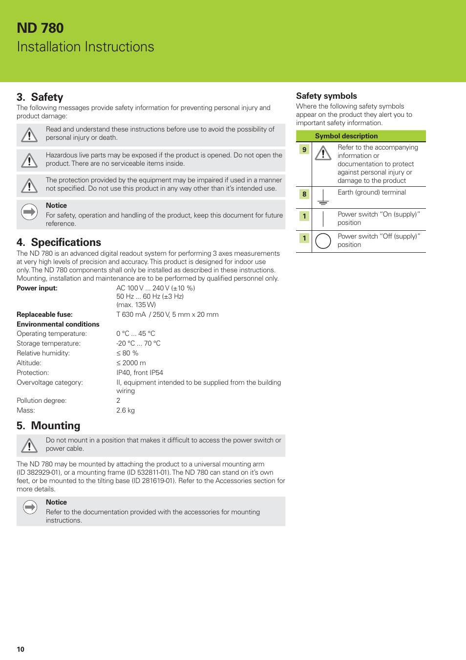 Nd 780 installation instructions, Safety, Specifications | Mounting | HEIDENHAIN ND 780 Installation User Manual | Page 10 / 132