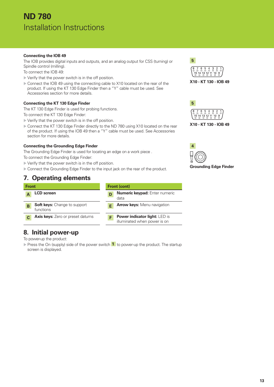 Nd 780 installation instructions, Operating elements, Initial power-up | HEIDENHAIN ND 780 Installation User Manual | Page 13 / 132