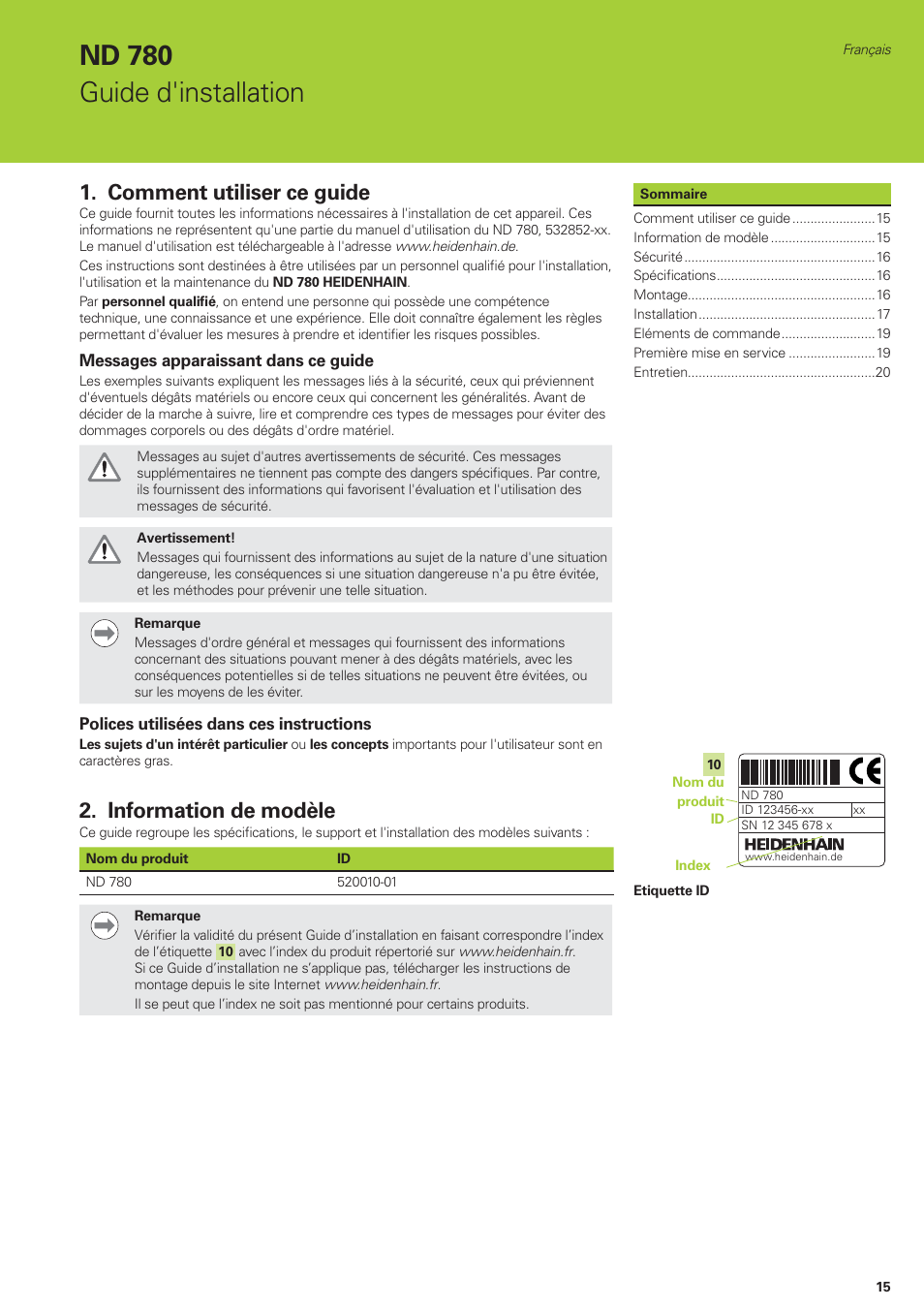 Nd 780 guide d'installation, Comment utiliser ce guide, Information de modèle | HEIDENHAIN ND 780 Installation User Manual | Page 15 / 132