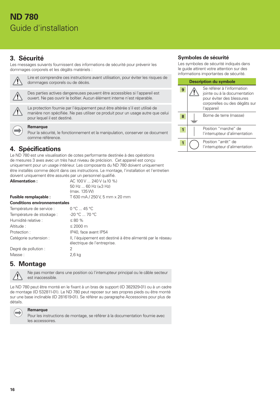Nd 780 guide d'installation, Sécurité, Spécifications | Montage | HEIDENHAIN ND 780 Installation User Manual | Page 16 / 132