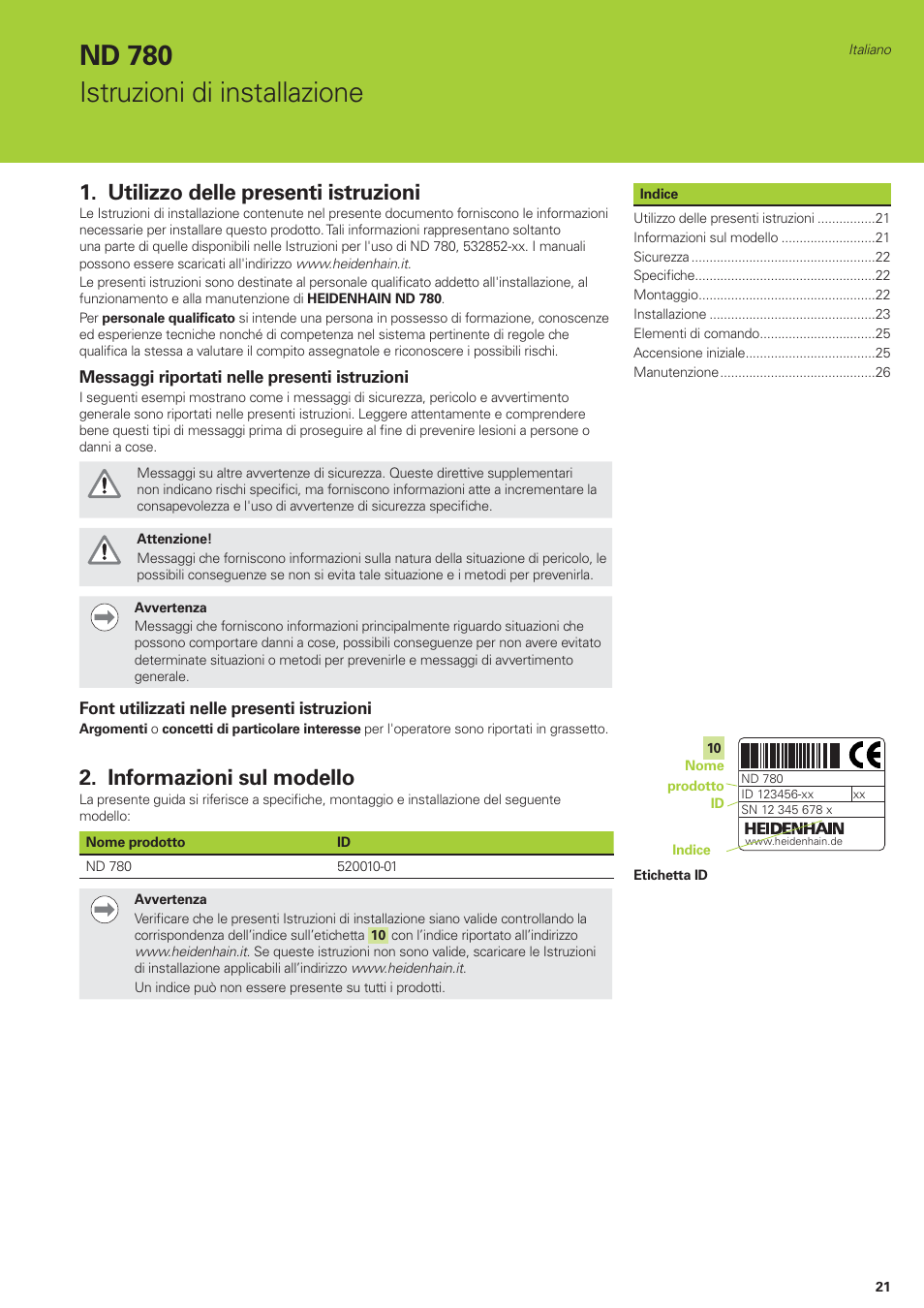 Nd 780 istruzioni di installazione, Utilizzo delle presenti istruzioni, Informazioni sul modello | HEIDENHAIN ND 780 Installation User Manual | Page 21 / 132