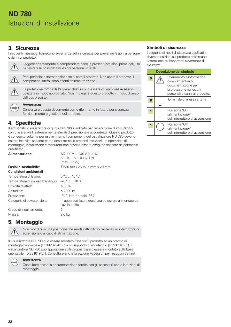 Nd 780 istruzioni di installazione, Sicurezza, Specifiche | Montaggio | HEIDENHAIN ND 780 Installation User Manual | Page 22 / 132